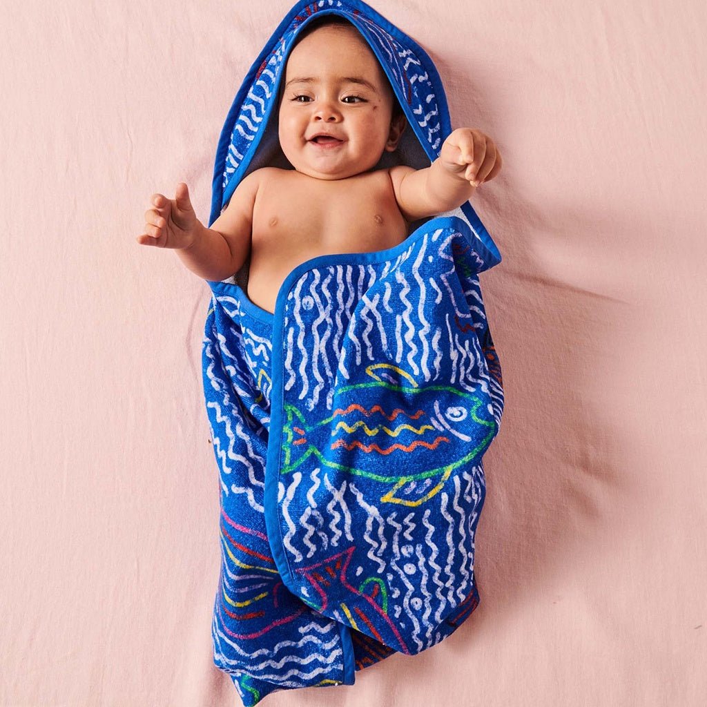 Kip & Co The Deep Blue Printed Terry Baby Towel - Cove. Beach Essentials
