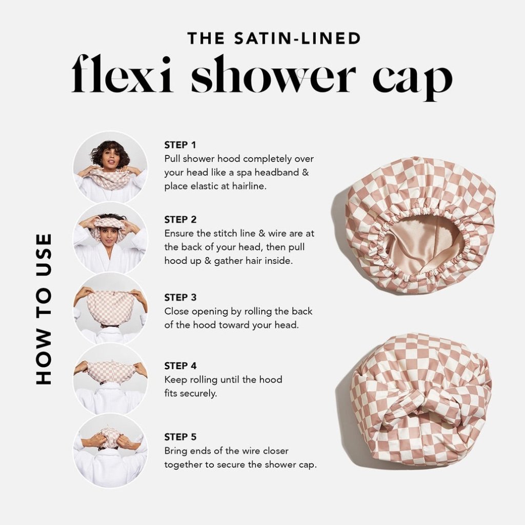 KITSCH | Satin Lined Flexi Shower Cap - Terracotta Checker - Cove. Beach Essentials