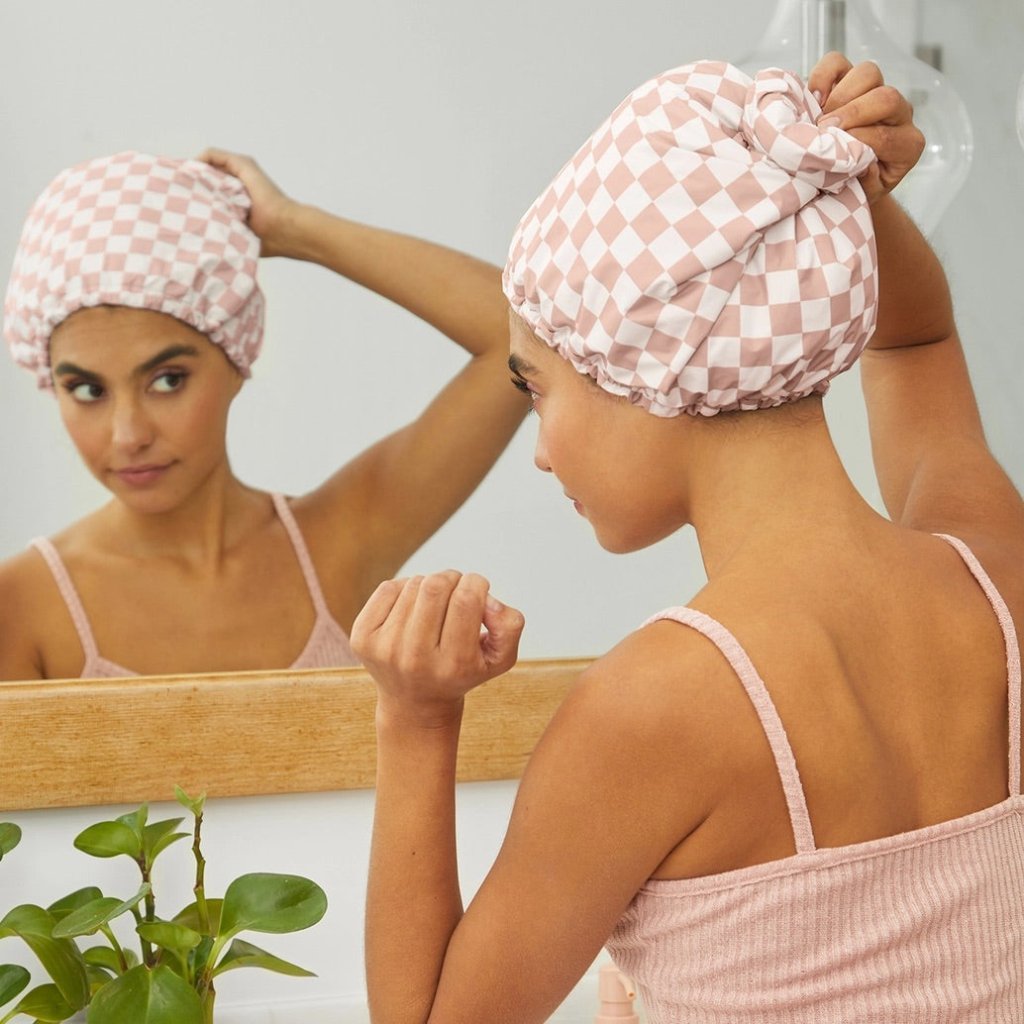 KITSCH | Satin Lined Flexi Shower Cap - Terracotta Checker - Cove. Beach Essentials
