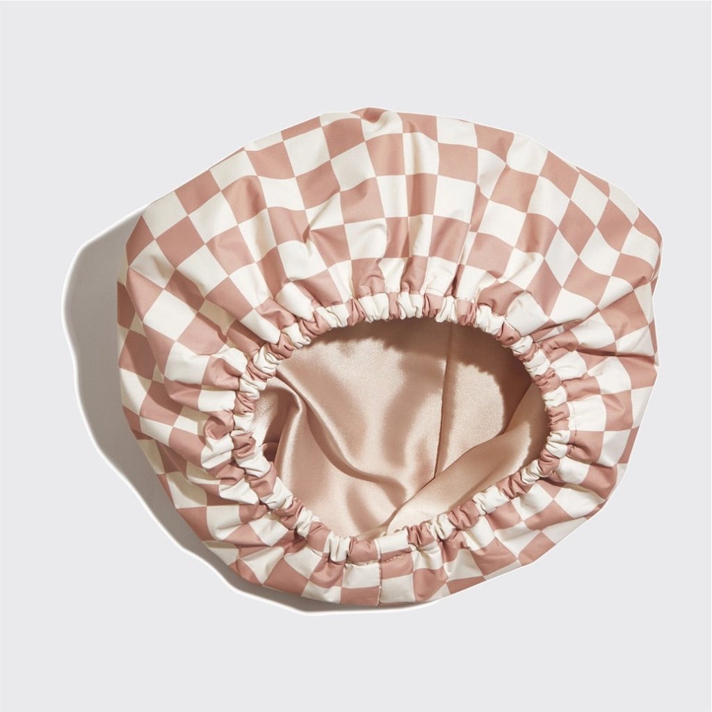 KITSCH | Satin Lined Flexi Shower Cap - Terracotta Checker - Cove. Beach Essentials
