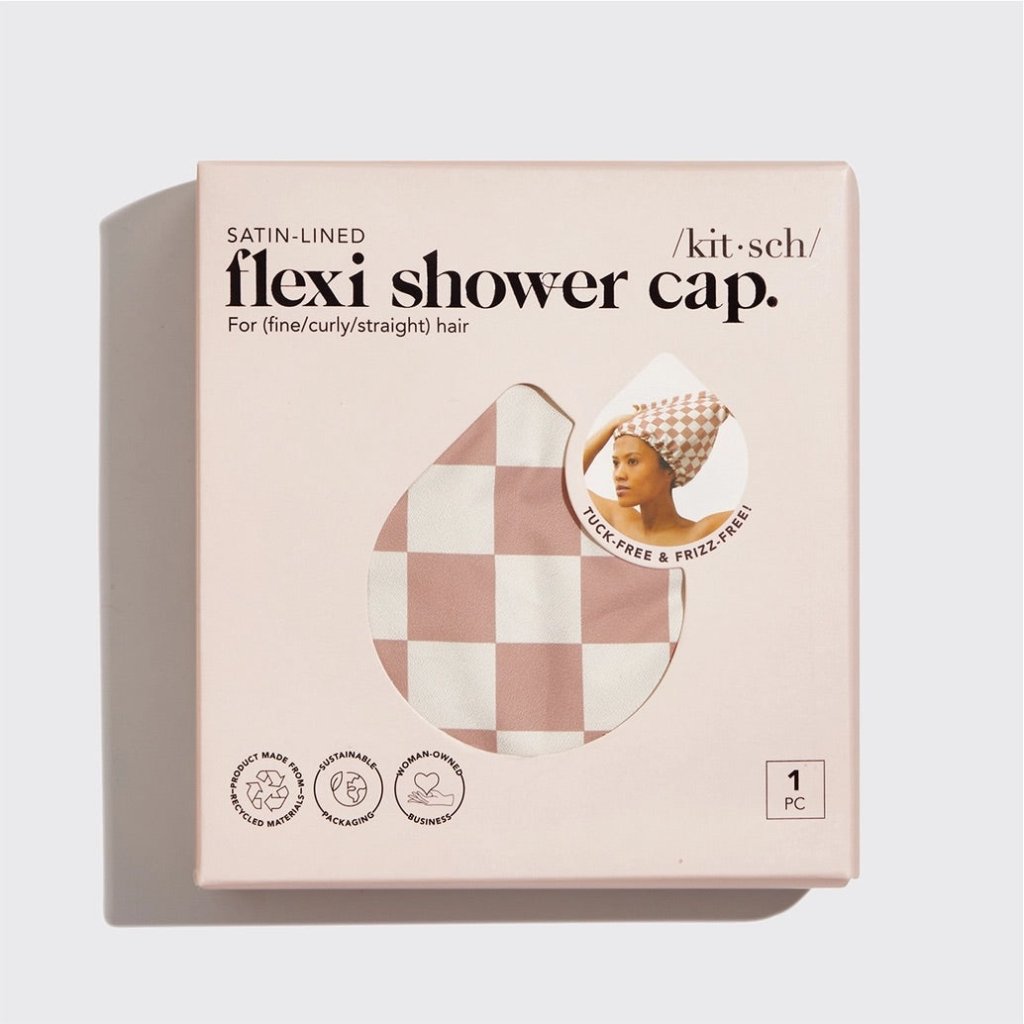 KITSCH | Satin Lined Flexi Shower Cap - Terracotta Checker - Cove. Beach Essentials