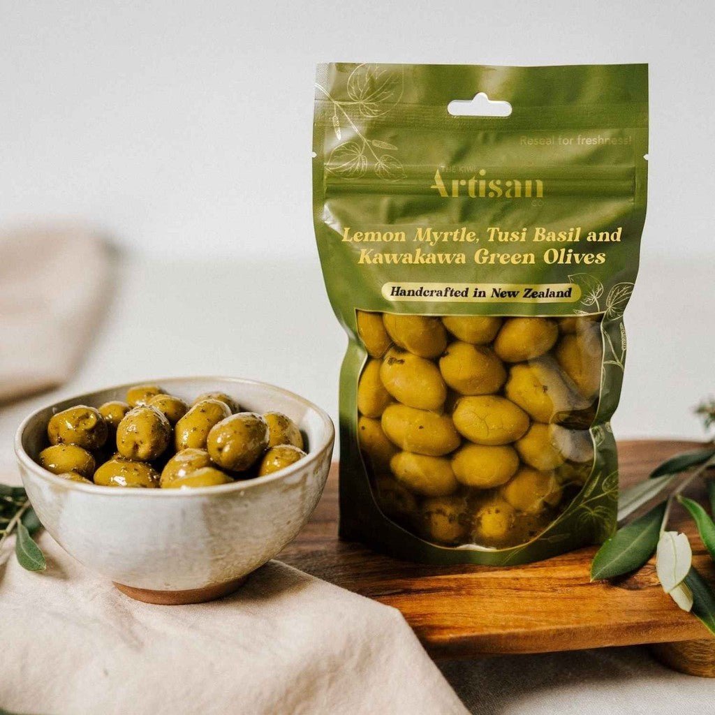 Kiwi Artisan Ltd | Lemon Myrtle, Basil &amp; Kawakawa Olives - Cove. Beach Essentials