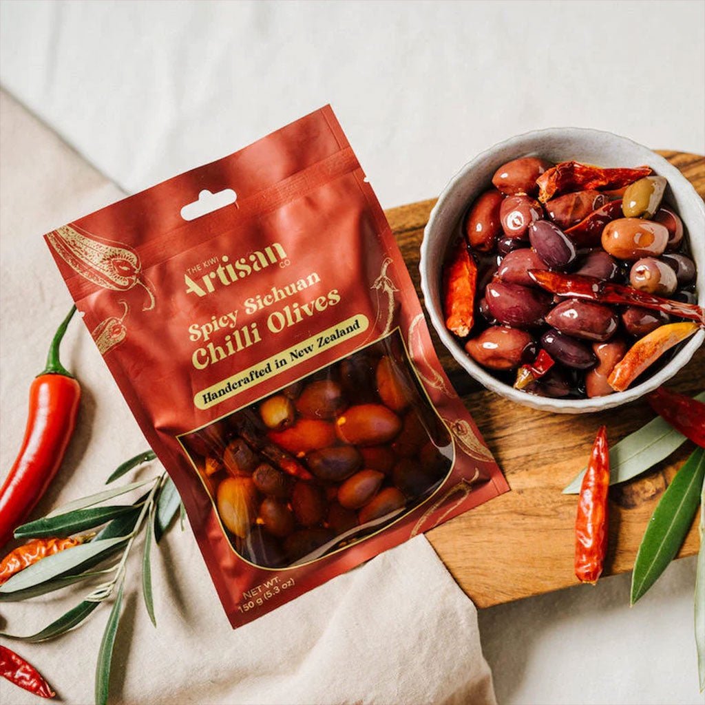 Kiwi Artisan Ltd Sichuan Chilli Olives 150g - Cove. Beach Essentials