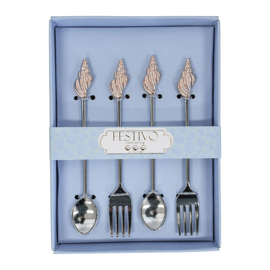 Shell fork and spoon set in its blue gift box
