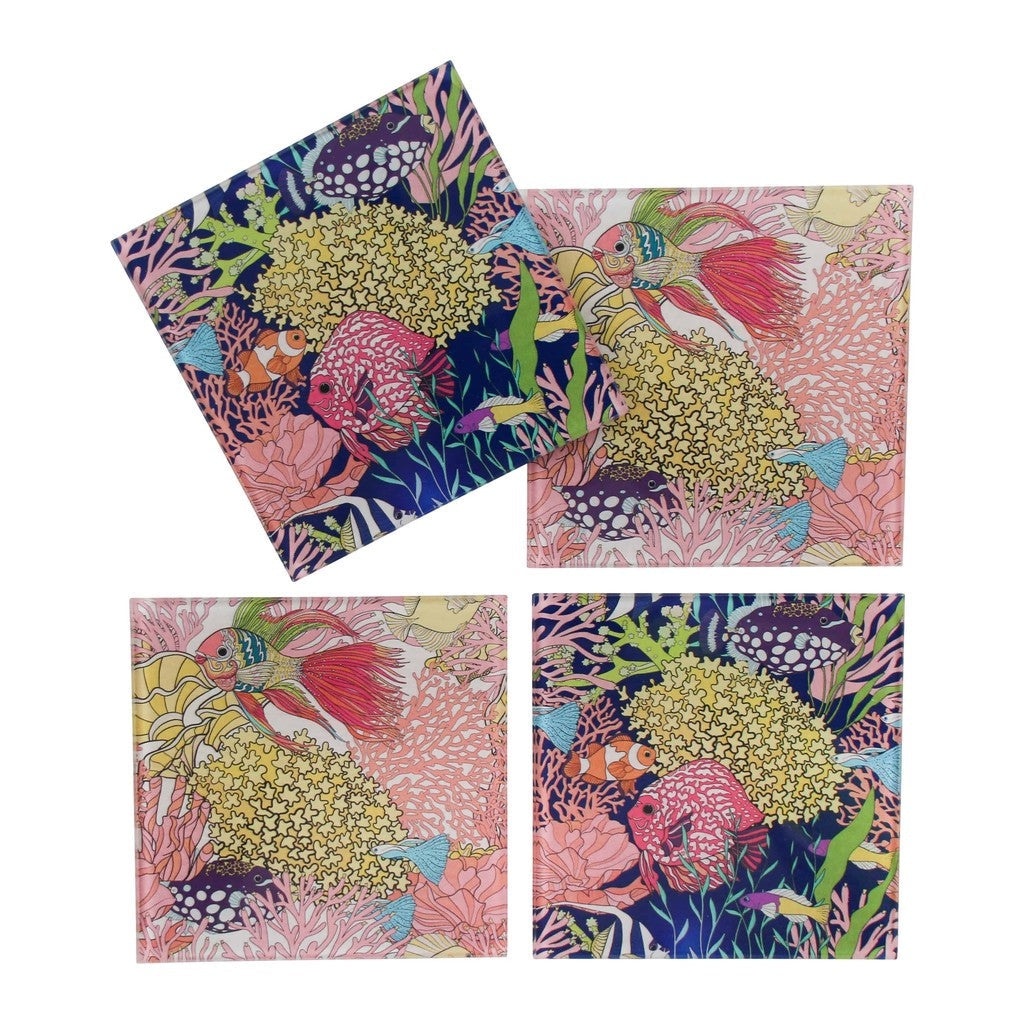 Four glass coasters with a colourful reef crab design