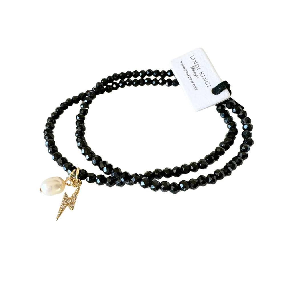 Lindi Kingi | Beaded Bracelet Set Black w Lightning Bolt & Pearl - Cove. Beach Essentials
