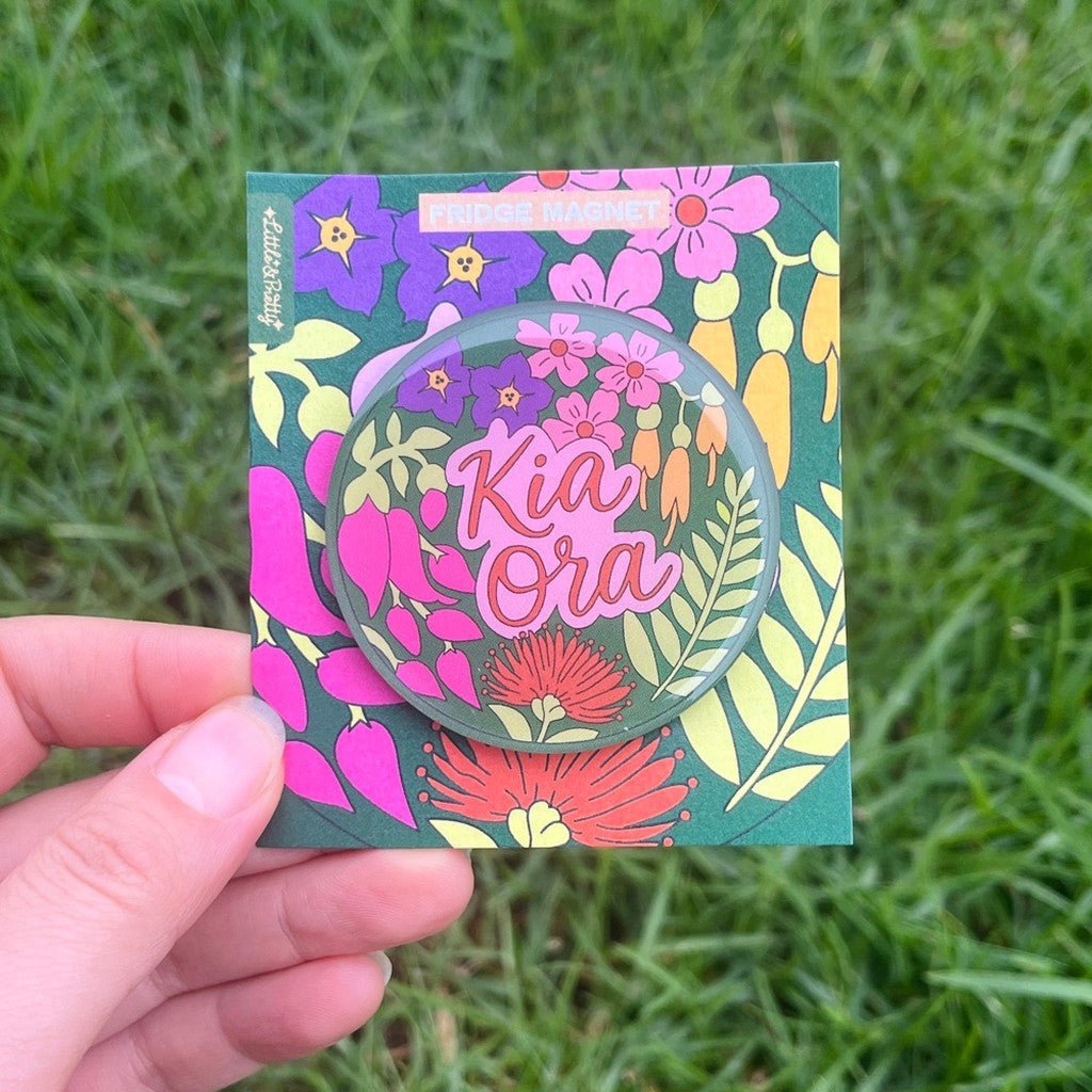Little & Pretty | Acrylic Magnet - Kia Ora with Native Plants - Cove. Beach Essentials