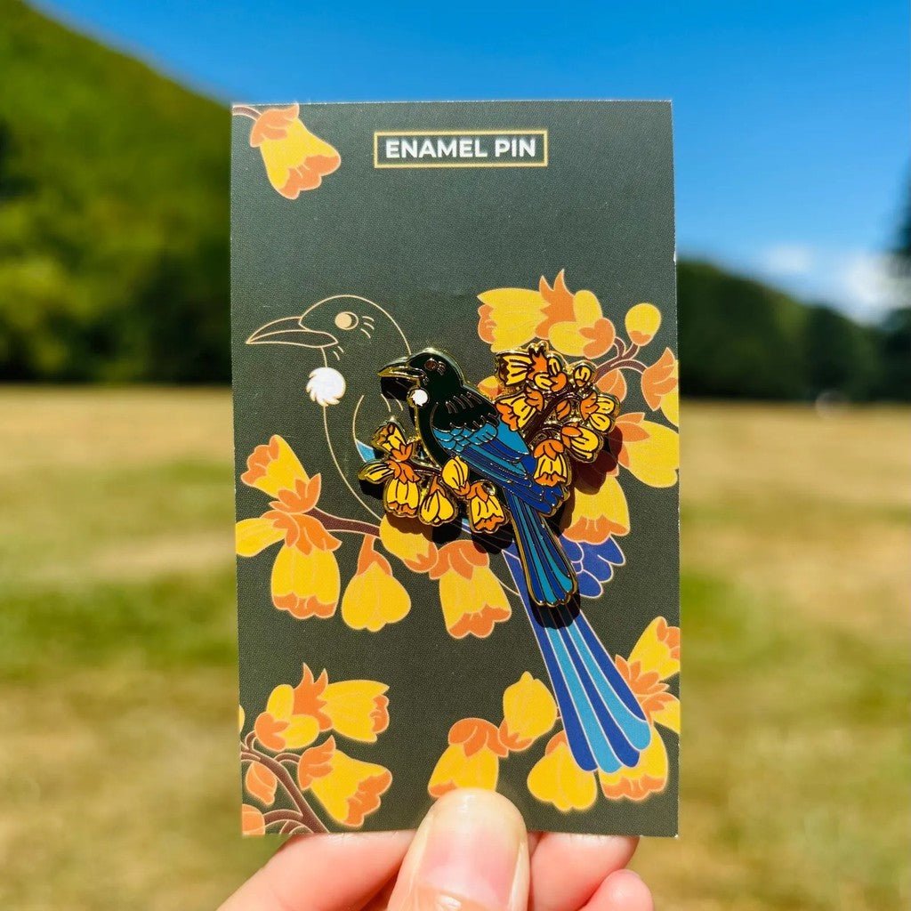 Little &amp; Pretty | Enamel Pin - Tūī with Kōwhai - Cove. Beach Essentials