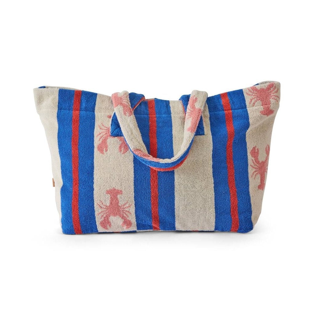 Kip &amp; Co Lobster Fan Club oversized terry beach bag with stripes and pink lobsters