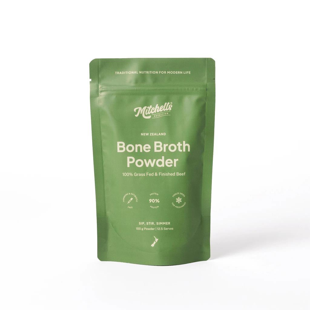 Mitchells Nutrition Bone Broth Powder 100g, made from grass-fed New Zealand beef
