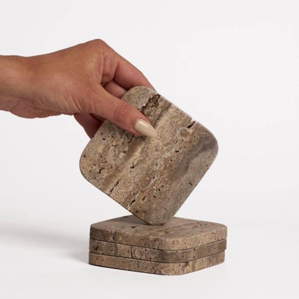 Ned | Stone Coaster 4 Pack - Grey Travertine - Cove. Beach Essentials