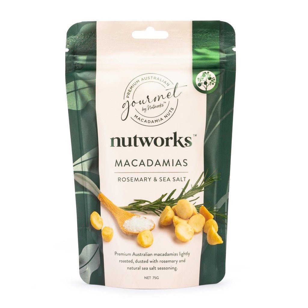 Nutworks | Rosemary &amp; Sea Salt Macadamias 75g - Cove. Beach Essentials