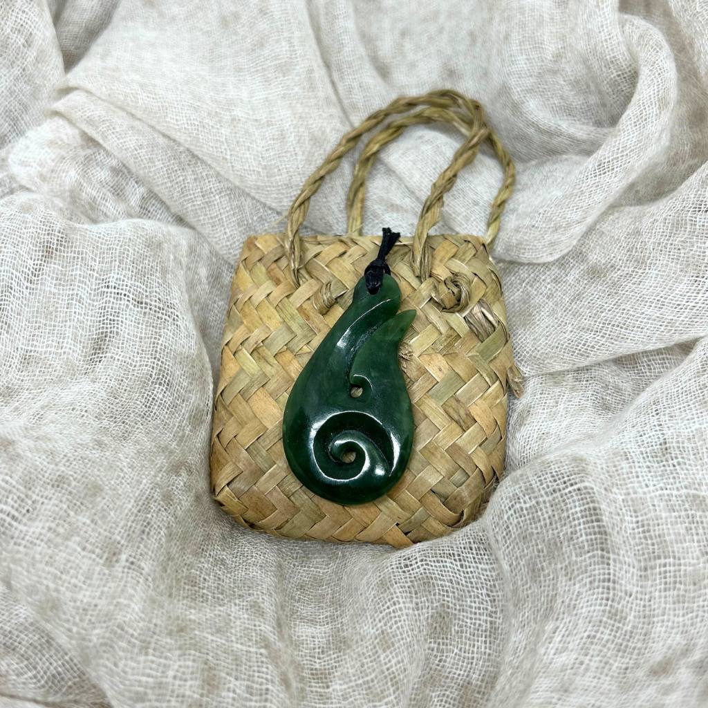 NZ Greenstone Pounamu | Dale Borland Carving Hook with Koru Necklace 51mm - Cove. Beach Essentials