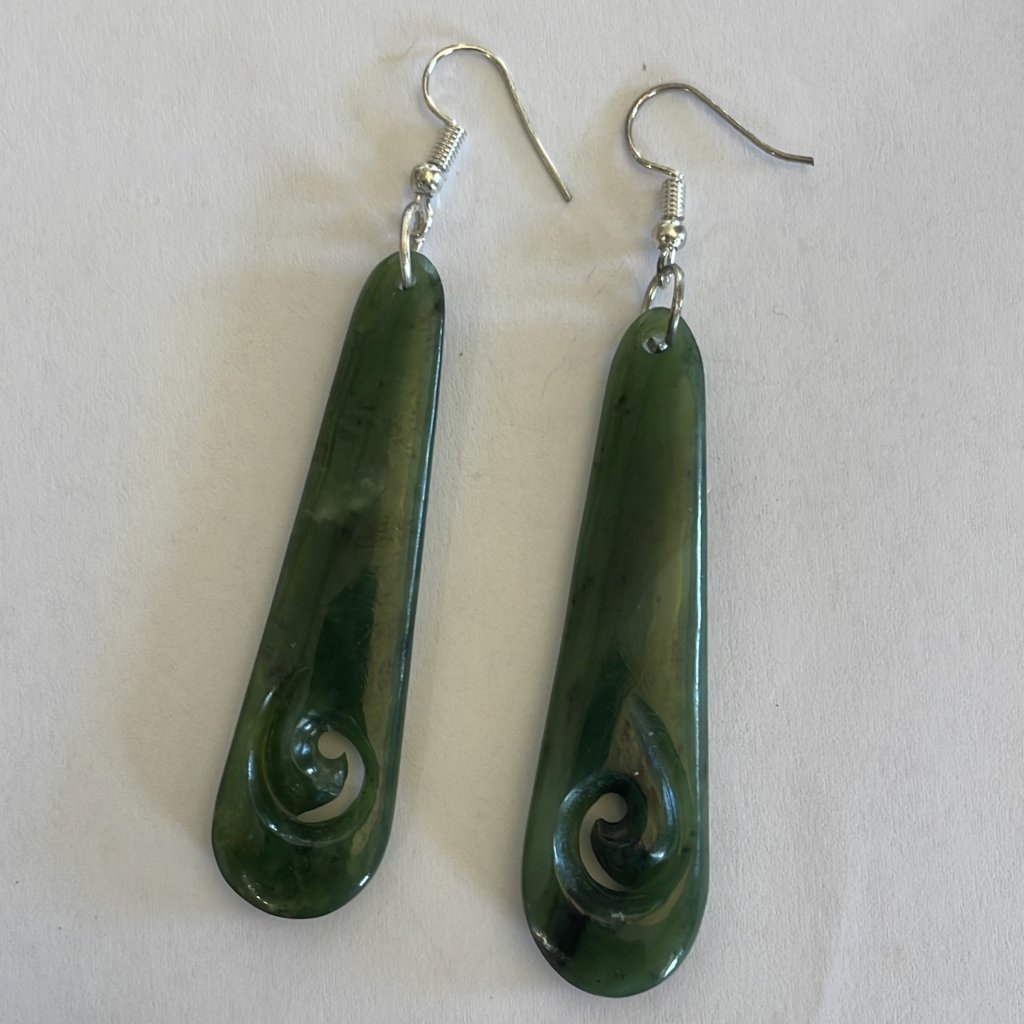 NZ Greenstone Pounamu | Dale Borland Earrings Diamond Koru 60mm - Cove. Beach Essentials