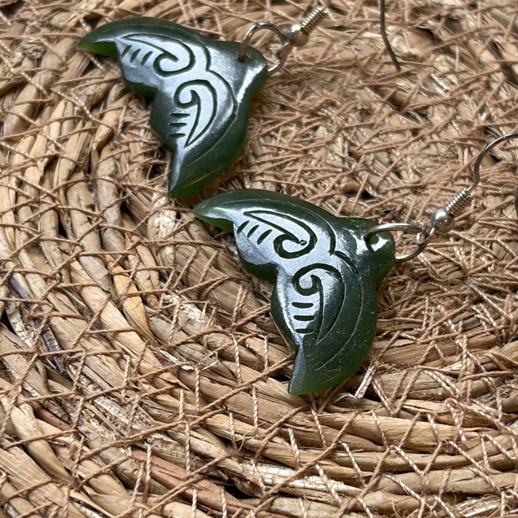 NZ Greenstone Pounamu | Dale Borland Earrings Whale Tail 18mm - Cove. Beach Essentials