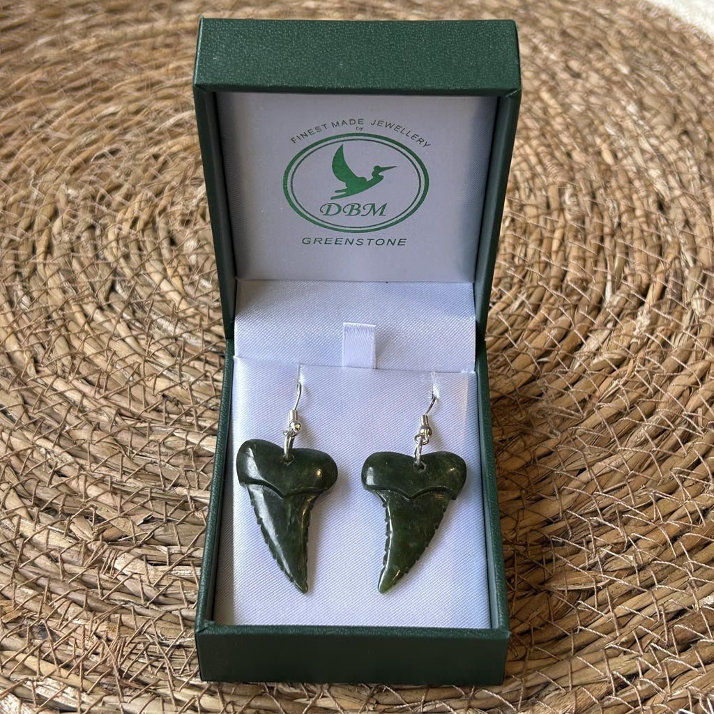 NZ Greenstone Pounamu | Dale Borland Sharks Tooth Earrings 30mm - Cove. Beach Essentials