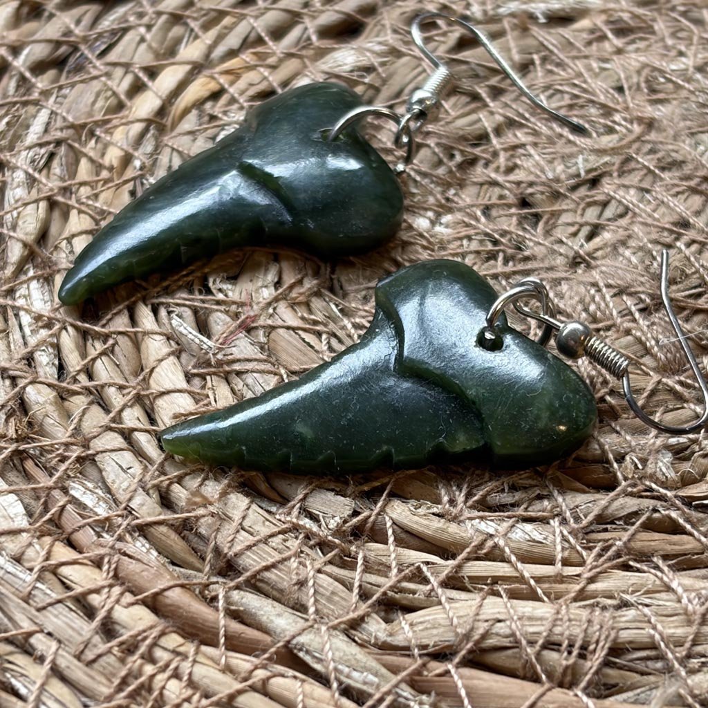 NZ Greenstone Pounamu | Dale Borland Sharks Tooth Earrings 30mm - Cove. Beach Essentials
