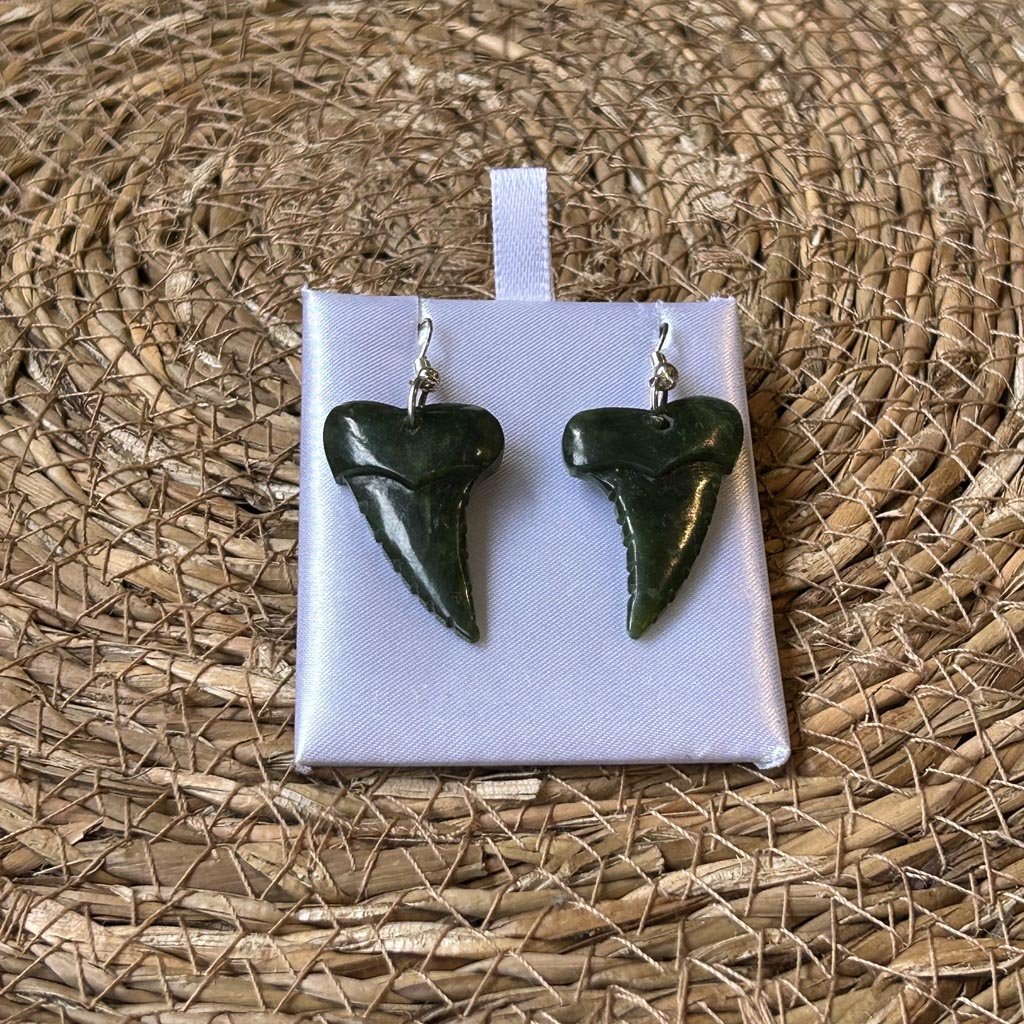 NZ Greenstone Pounamu | Dale Borland Sharks Tooth Earrings 30mm - Cove. Beach Essentials