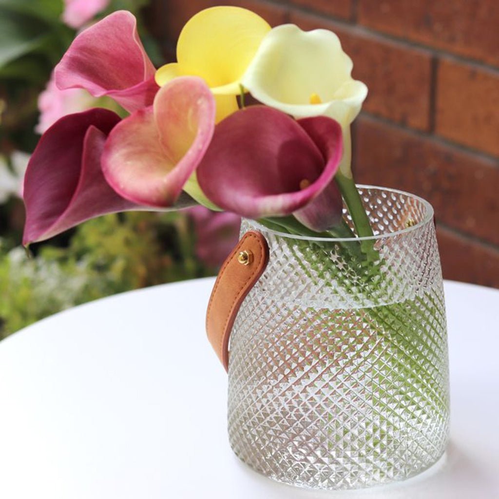 Old Mill Road - Quilted Vase/Hurricane Lamp With Leather Handle - Cove. Beach Essentials