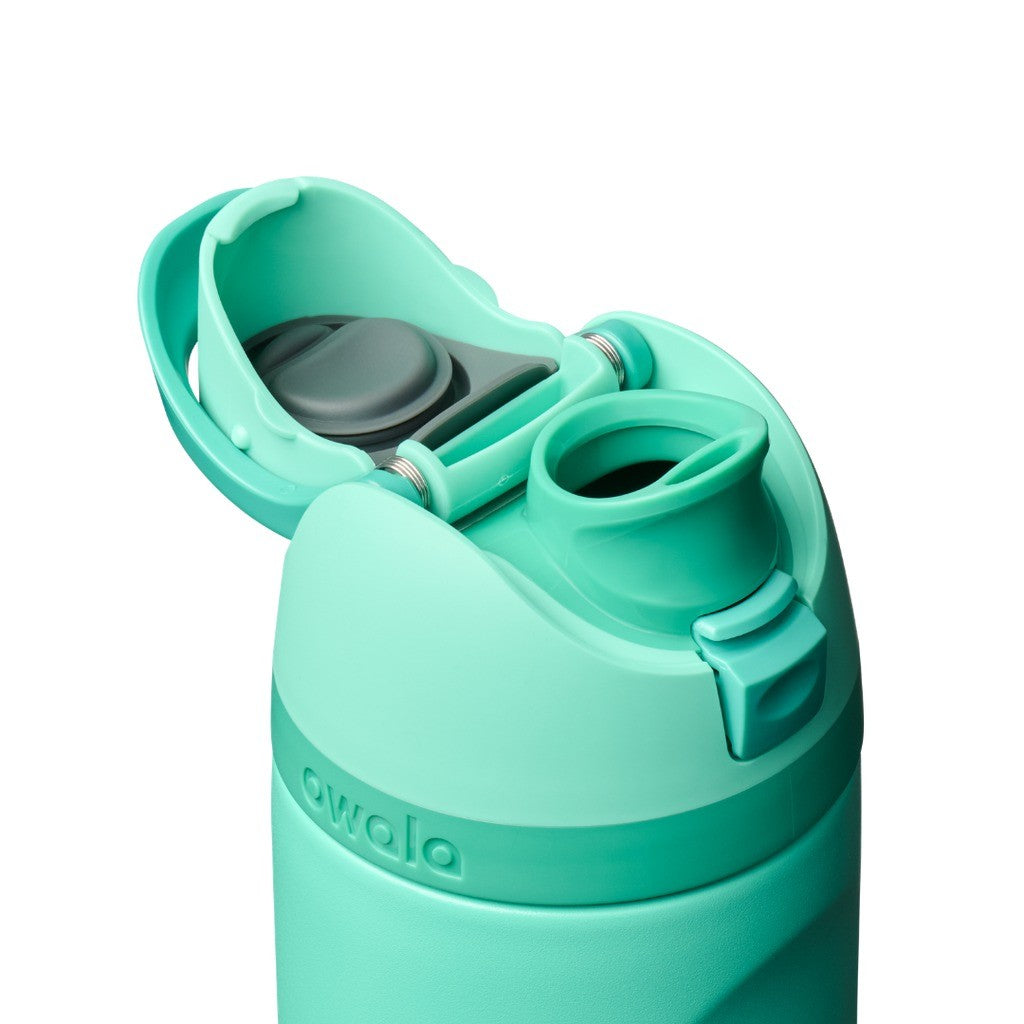 Owala FreeSip Water Bottle 710ml 90s Kid lid open, showing the FreeSip spout