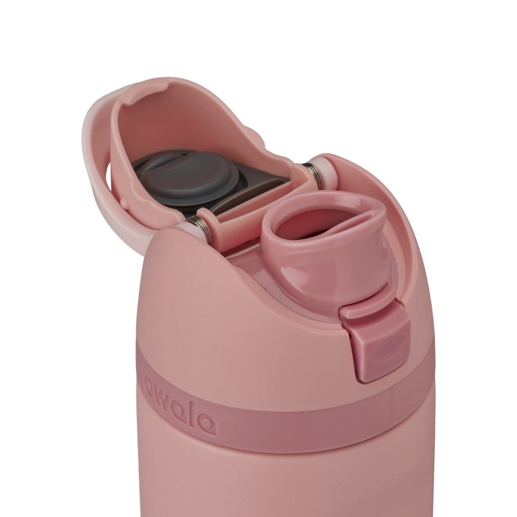Owala FreeSip Water Bottle 710ml Rose Quartz lid open, showing the FreeSip spout
