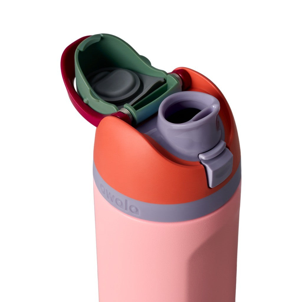 Owala FreeSip Water Bottle 710ml Sugar High lid open, showing the FreeSip spout