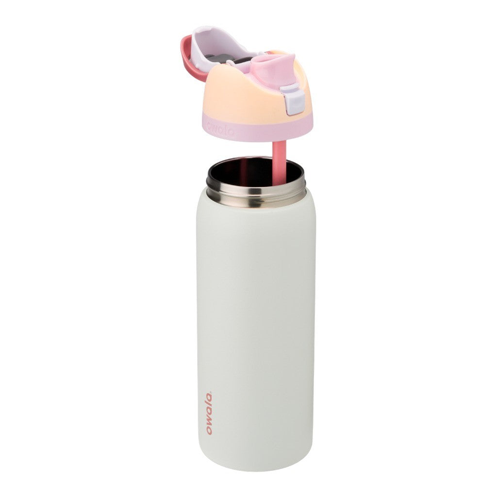 Owala FreeSip Water Bottle 945ml Coastal Mist with the lid and straw parts separated