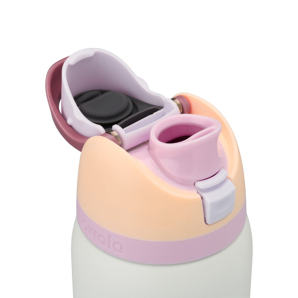 Owala FreeSip Water Bottle 945ml Coastal Mist lid open, showing the FreeSip spout