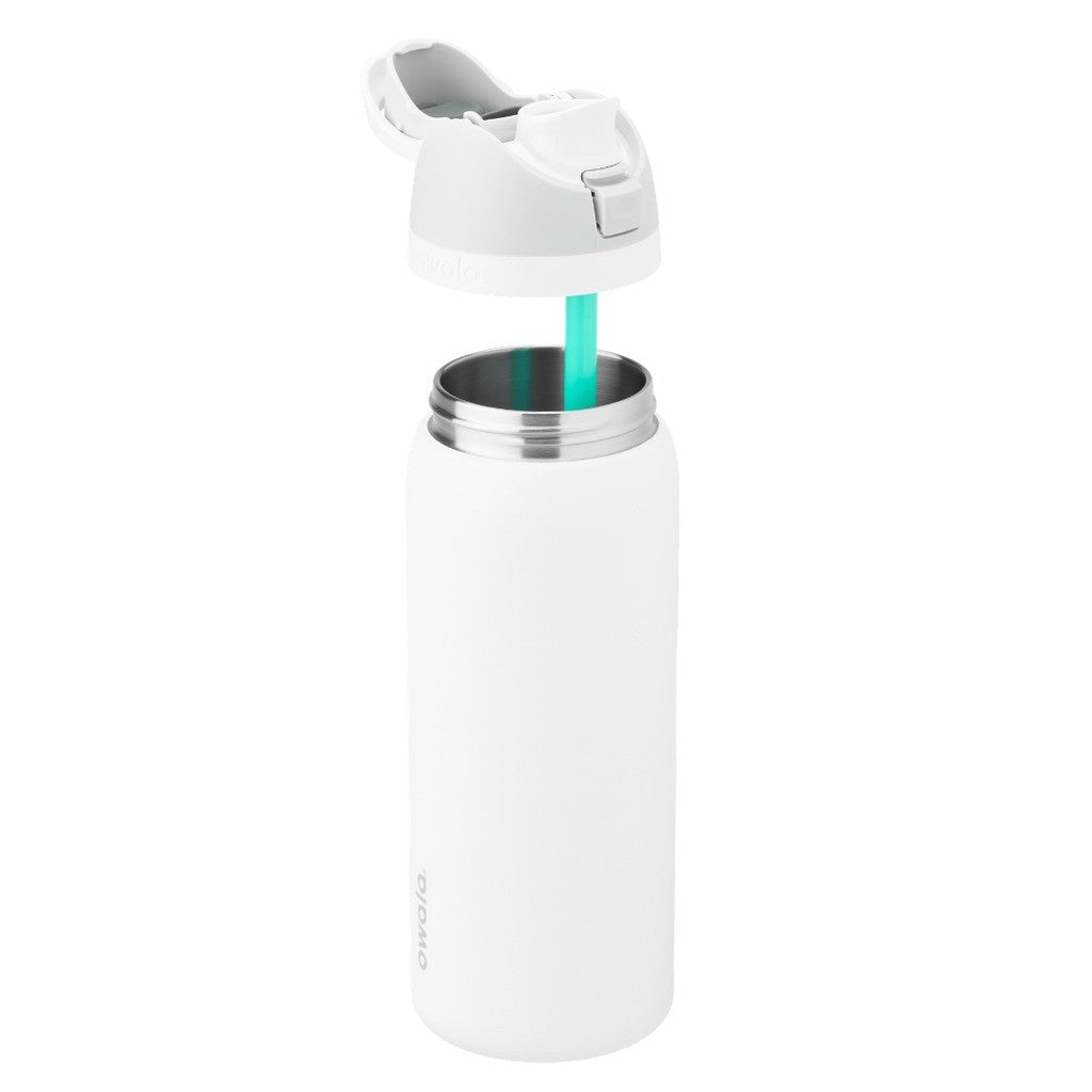 Owala FreeSip Water Bottle 945ml Shy Marshmallow with the lid and straw parts separated