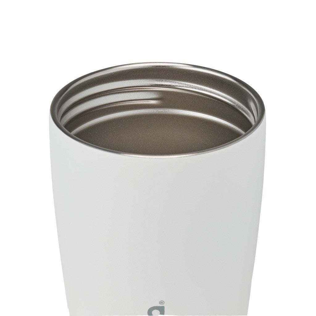 Owala SmoothSip Slider Travel Mug 355ml Shy Marshmallow with the lid off, showing the stainless steel inside