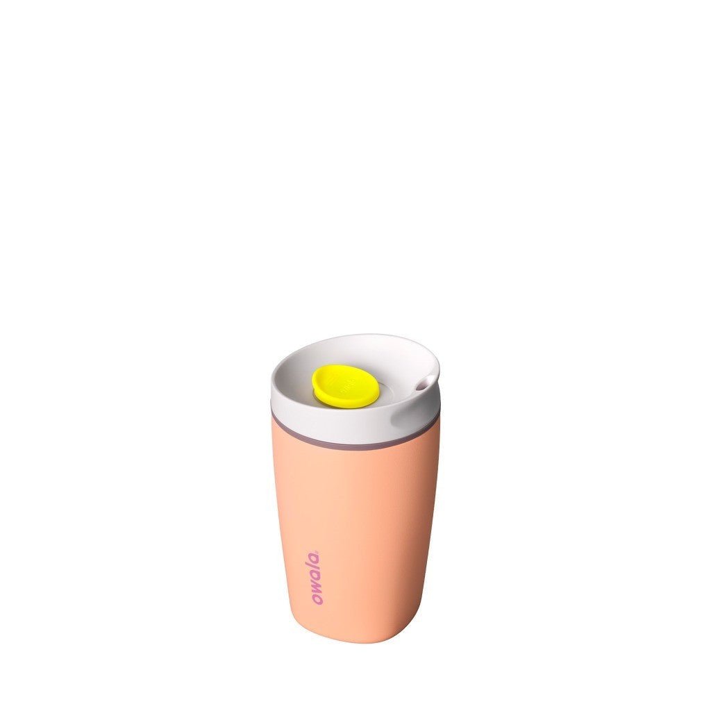 Owala SmoothSip Slider Travel Mug 355ml Peachy Keen on white