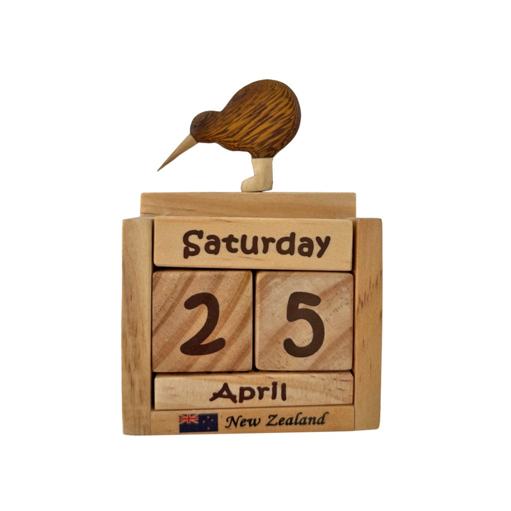 Wooden kiwi perpetual calendar showing Saturday 25 April