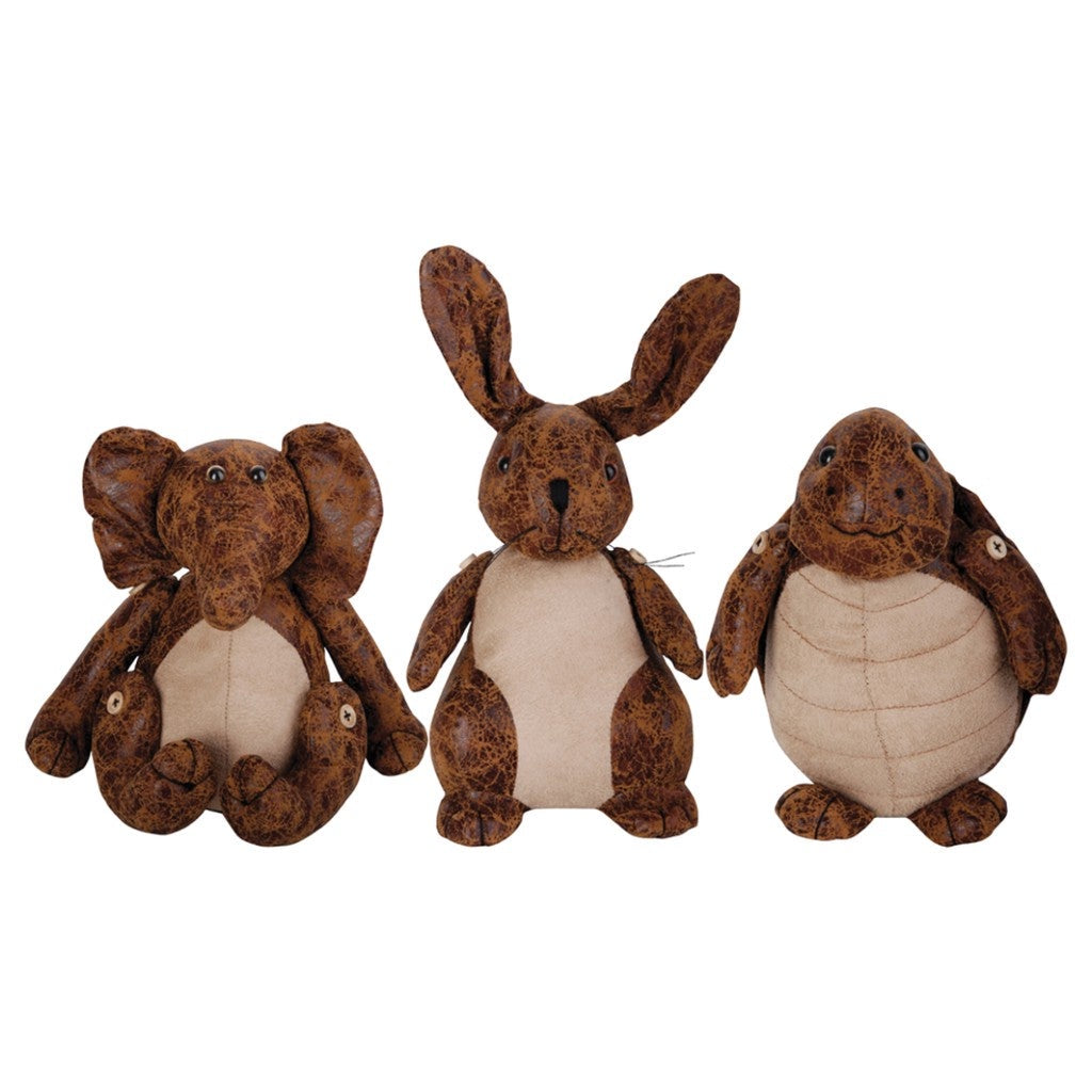 Three leather animal doorstops, elephant, rabbit and turtle