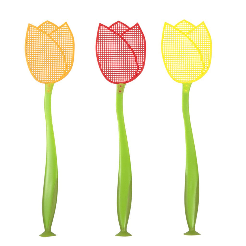 Three tulip fly swats in orange, red and yellow