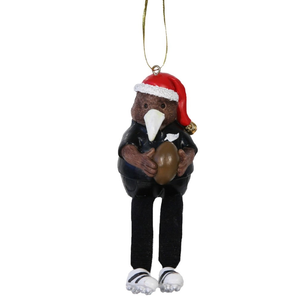 Kiwi rugby player Christmas ornament in a Santa hat
