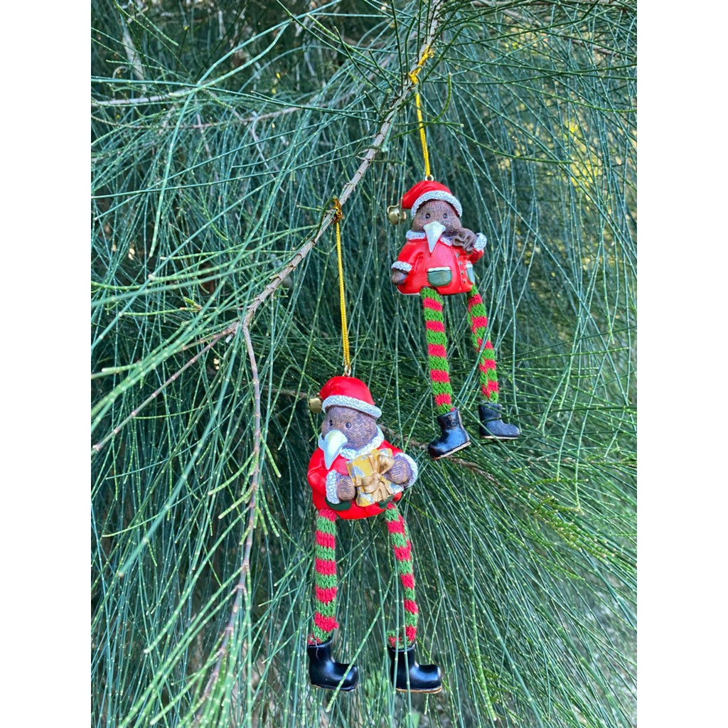 Kiwi Christmas ornament hanging in pine branches