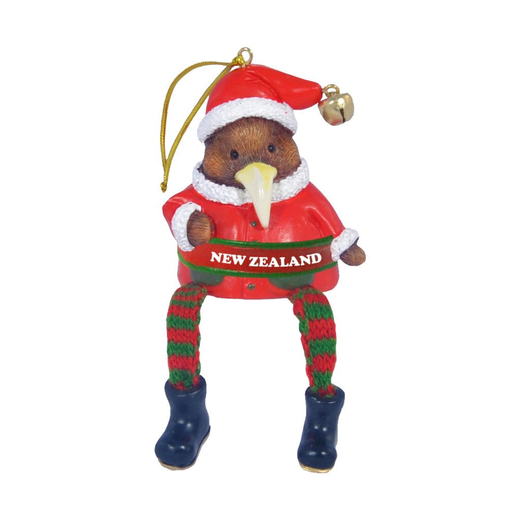 Kiwi Christmas ornament with dangling legs and New Zealand sash
