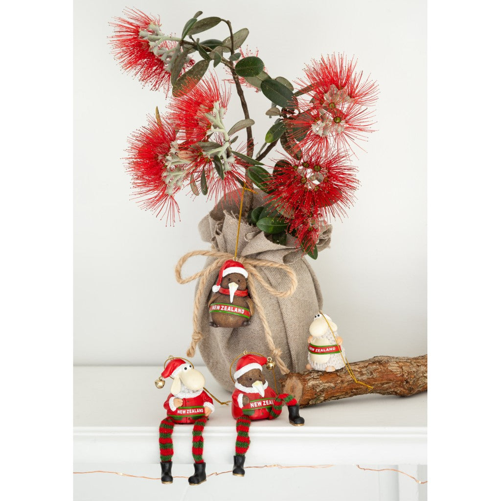Kiwiana Christmas ornaments with pōhutukawa flowers