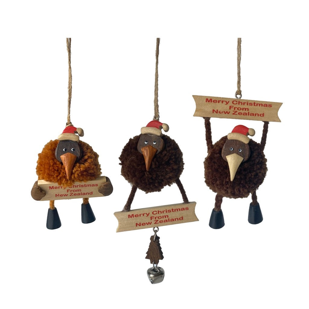 Three pompom kiwi Christmas ornaments