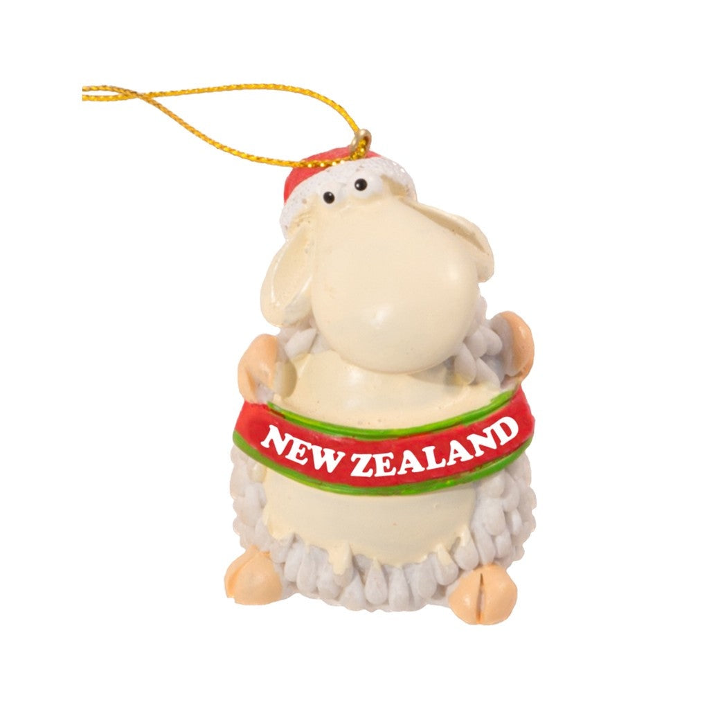 Sheep Christmas ornament in a Santa hat with New Zealand sash