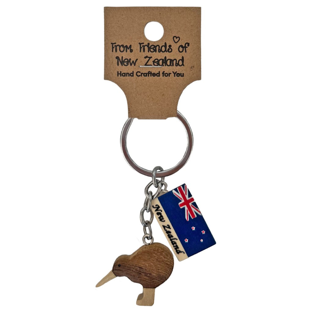 Mini wooden kiwi keyring on its gift card