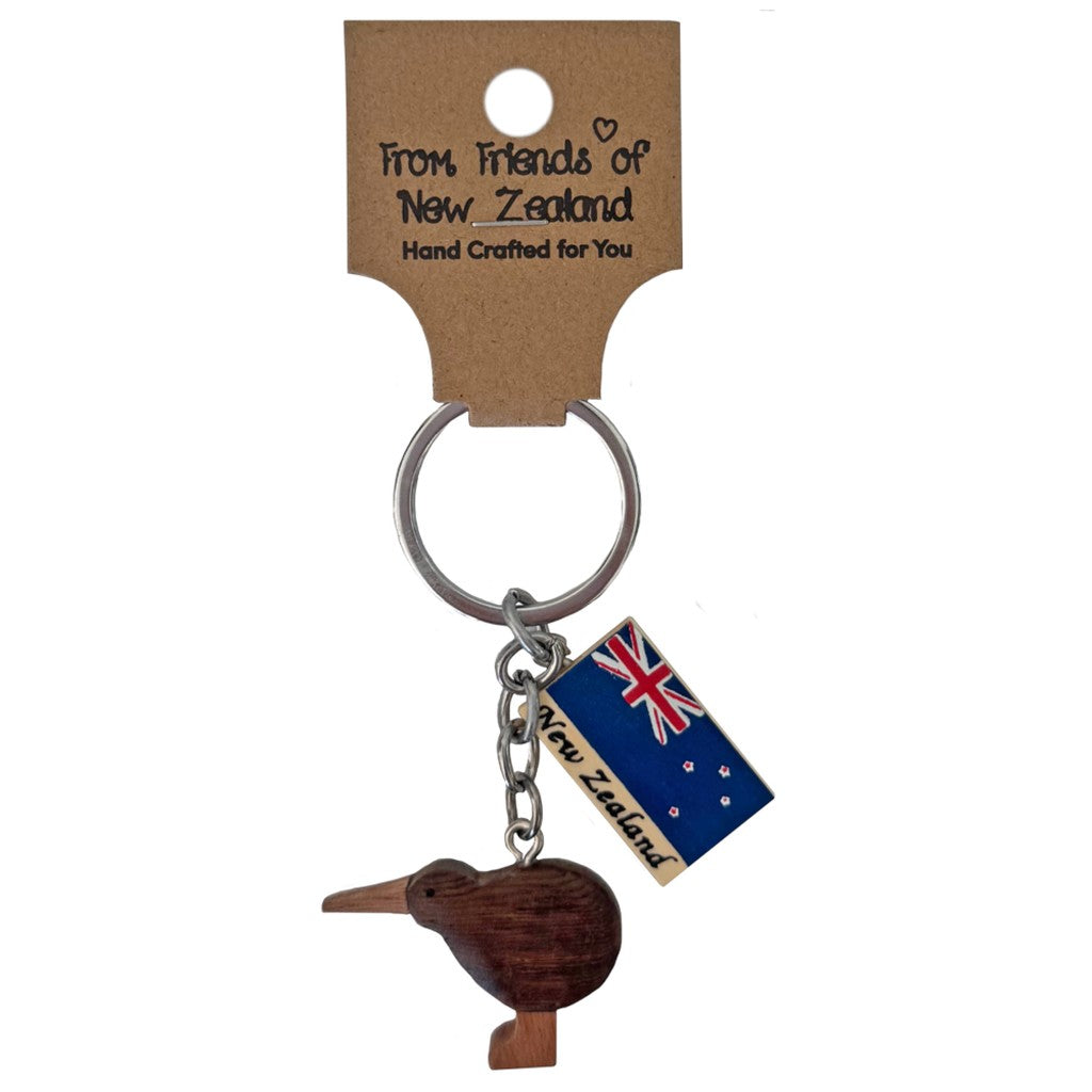 Mini wooden kiwi keyring on gift card, alternate design