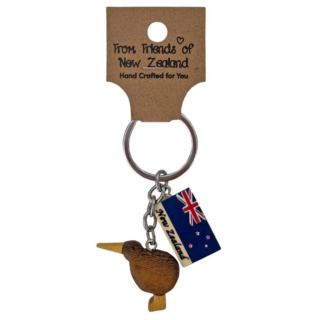 Mini wooden kiwi keyring on gift card, light wood