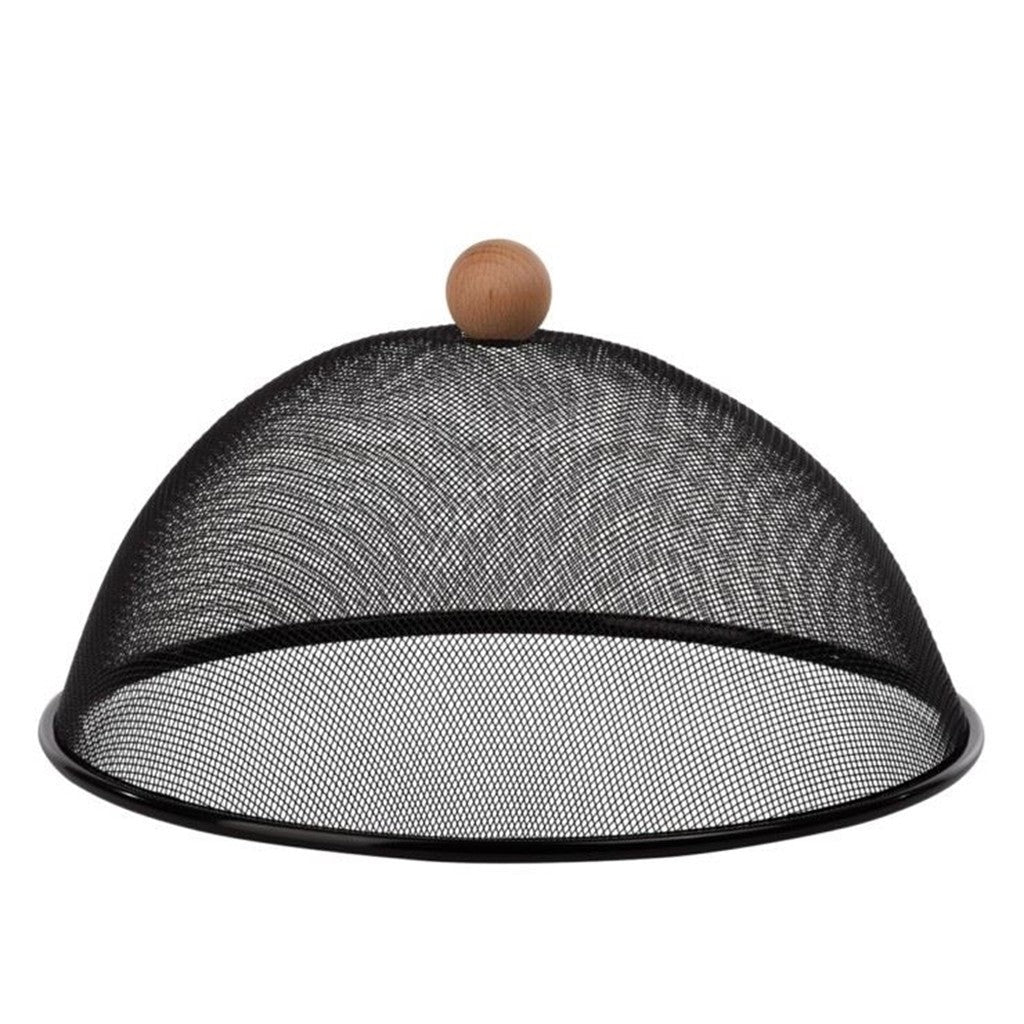 Black mesh dome food cover with wooden knob on white