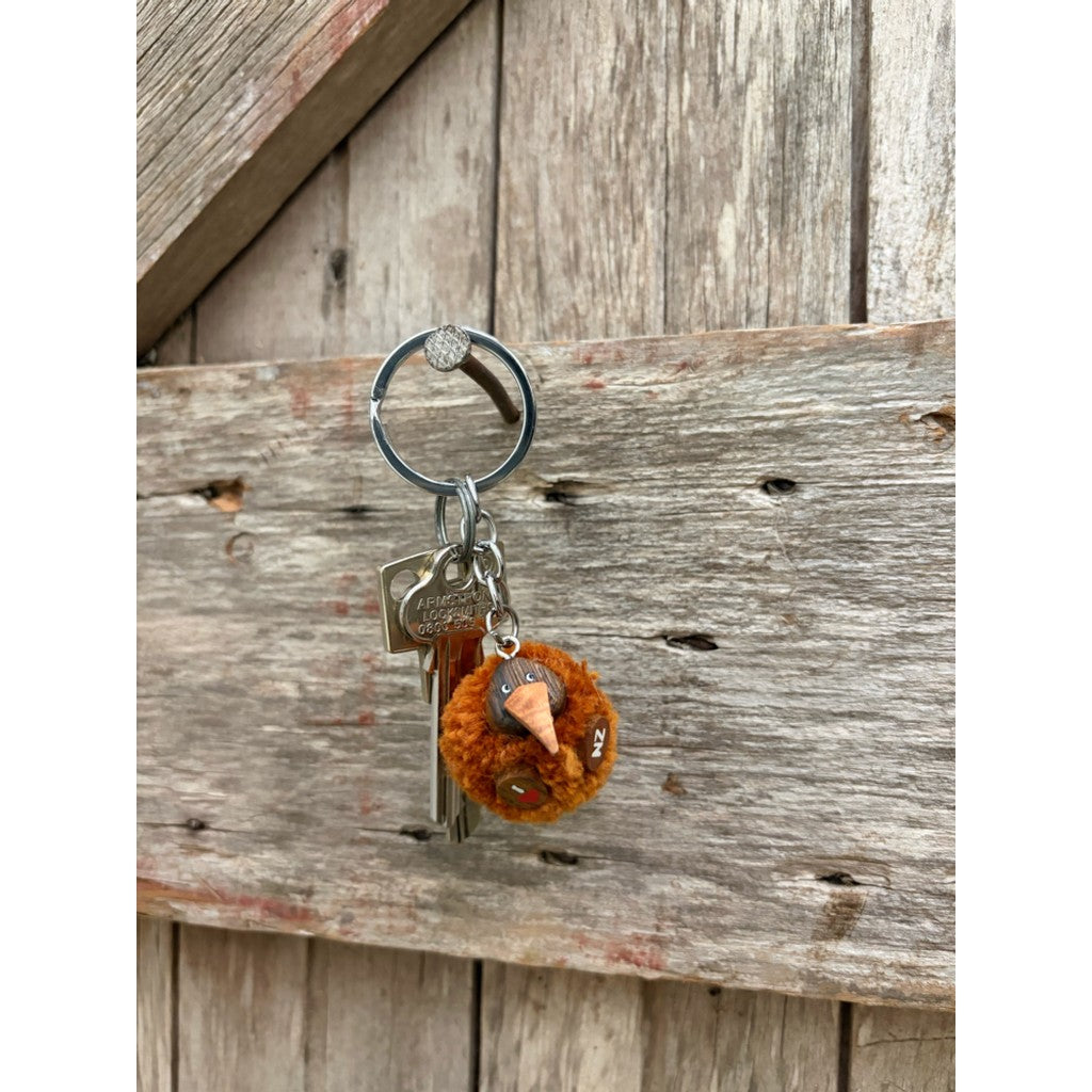 Pompom kiwi keyring hanging on a weathered door