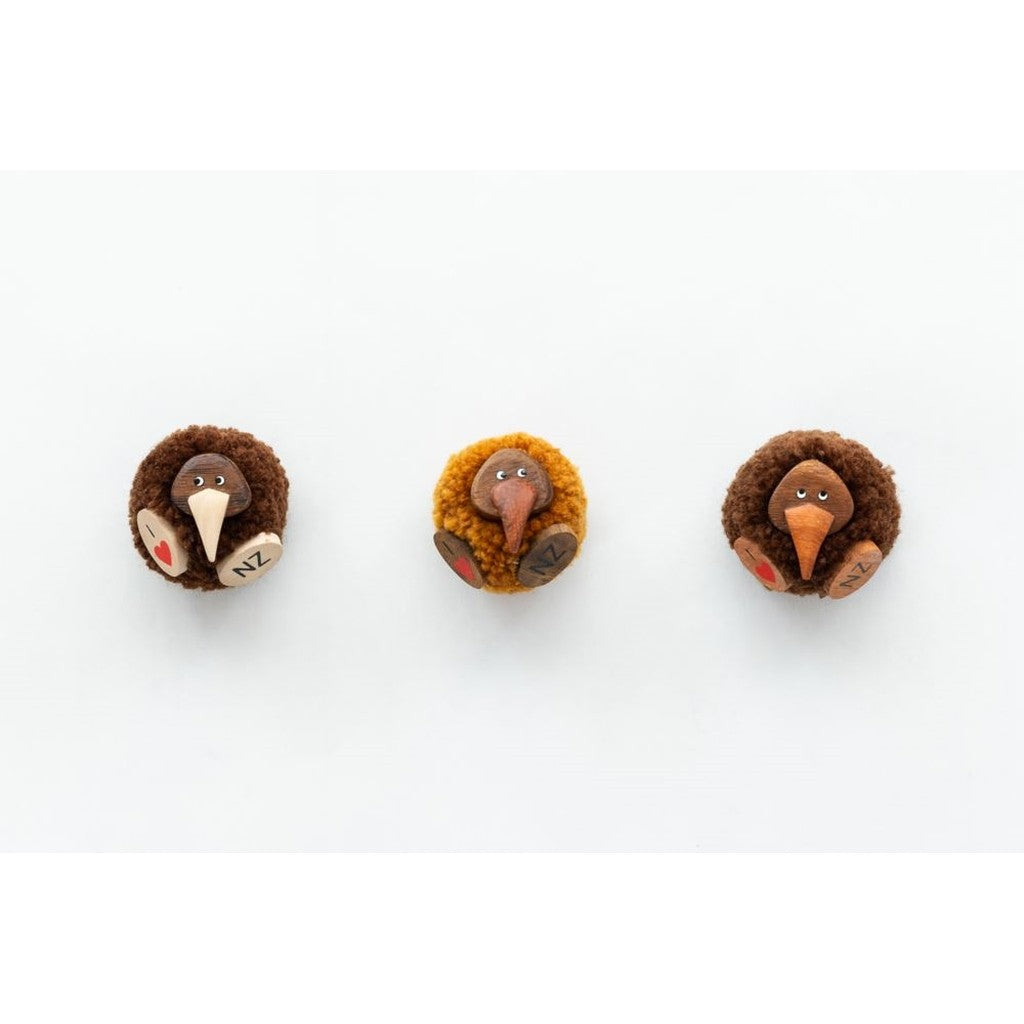 Three pompom kiwi magnets on white