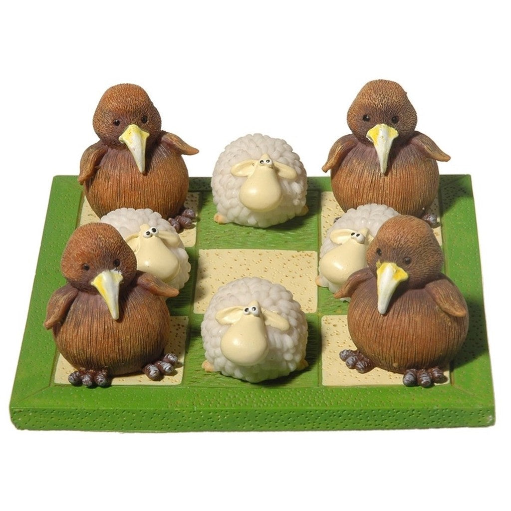 Kiwi vs sheep tic tac toe board with pieces