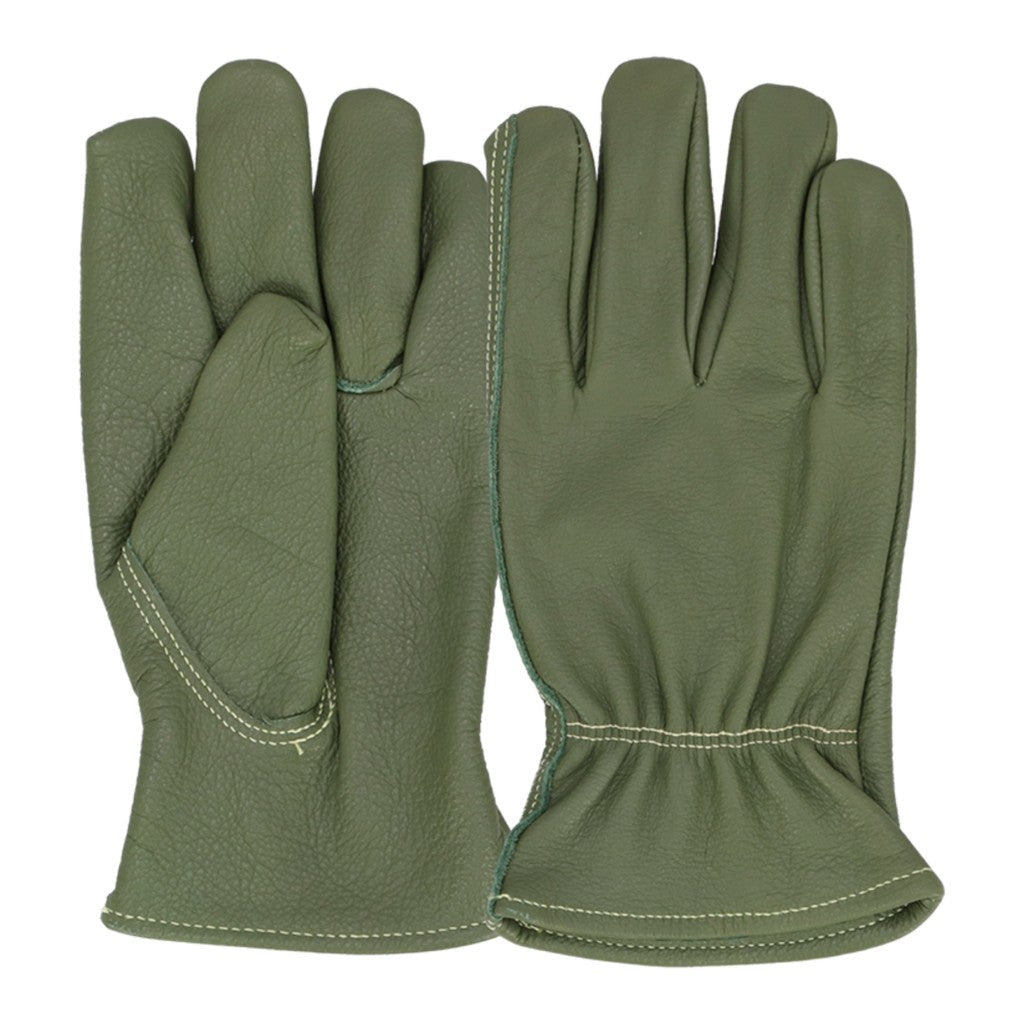 Pair of green leather gardening gloves on white