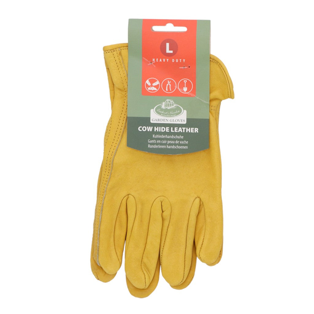 Yellow leather gardening glove in packaging, size large