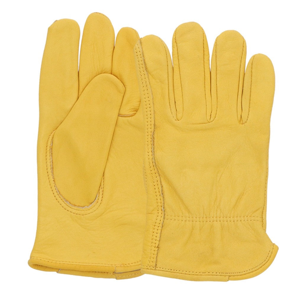 Pair of yellow leather gardening gloves on white